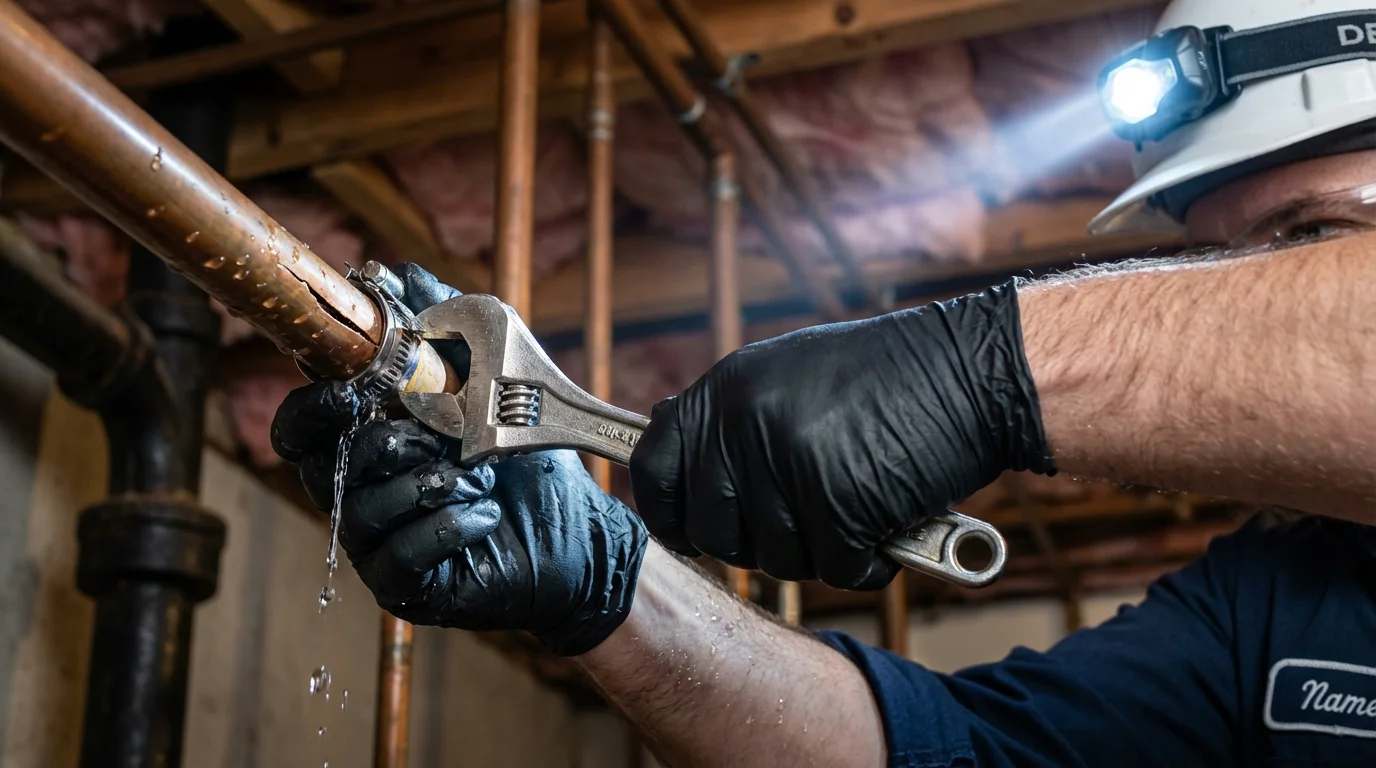 Emergency pipe clamp repair being performed by a Johns Plumbing LLC plumber in Childress